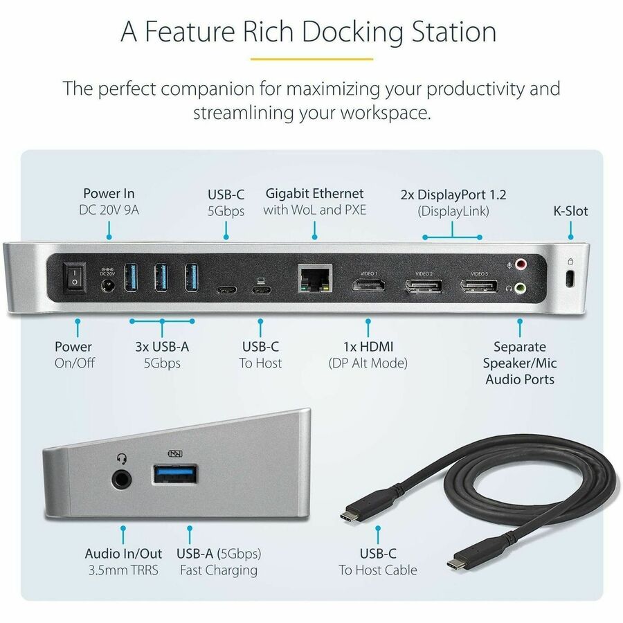 StarTech.com Triple Monitor 4K USB-C Dock with 5x USB 3.0 Port