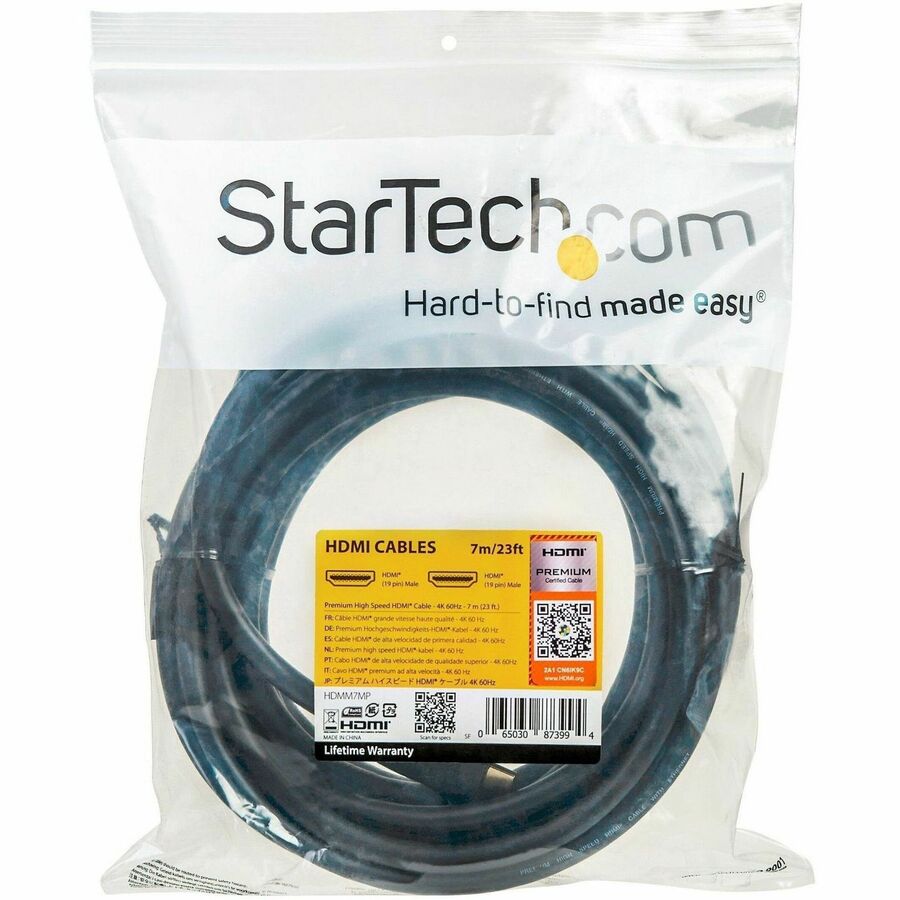 StarTech.com HDMI 2.0 Cable, 22.97 ft, 18 Gbit/s, 4K@60Hz, HDR, Gold Plated, Shielded, 24 AWG, Black, 1 Each