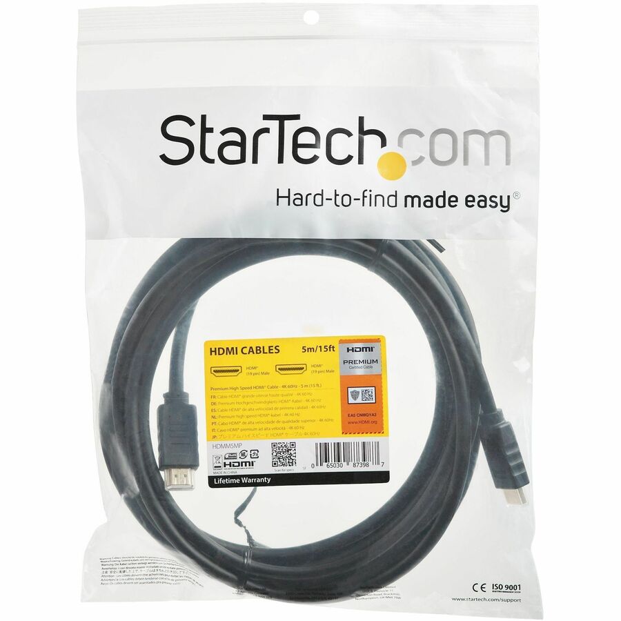 StarTech.com HDMI A/V Cable, 16.40 ft, HDMI 2.0 Male to Male, 18 Gbit/s, 4K@60Hz, HDR, Gold Plated, Shielded, 28 AWG, Black, 1 Each
