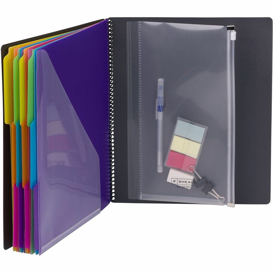 Smead 24-Pocket Poly Project Organizer, Letter Size, 1/3-Cut Assorted Tabs, 12 Dividers, Spiral Fastener, Lay Flat, Tear Proof, Water Resistant, Yellow/Pink/Lime/Blue/Purple, 1 Each