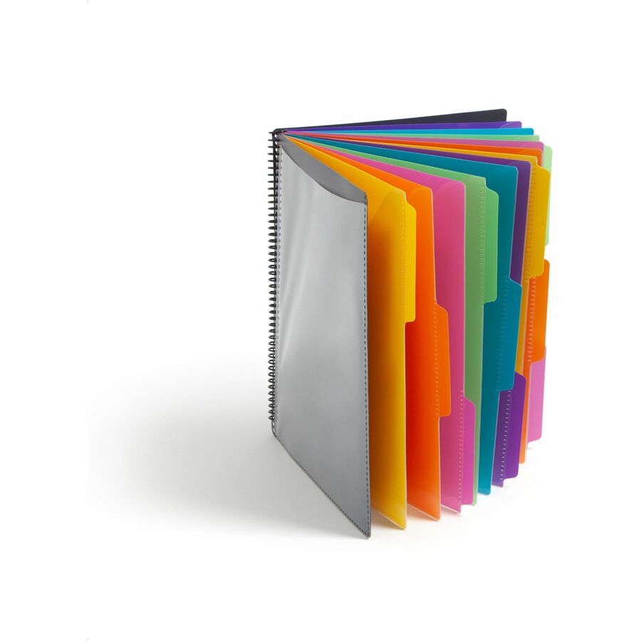 Smead 24-Pocket Poly Project Organizer, Letter Size, 1/3-Cut Assorted Tabs, 12 Dividers, Spiral Fastener, Lay Flat, Tear Proof, Water Resistant, Yellow/Pink/Lime/Blue/Purple, 1 Each