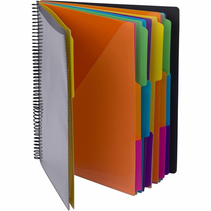Smead 24-Pocket Poly Project Organizer, Letter Size, 1/3-Cut Assorted Tabs, 12 Dividers, Spiral Fastener, Lay Flat, Tear Proof, Water Resistant, Yellow/Pink/Lime/Blue/Purple, 1 Each