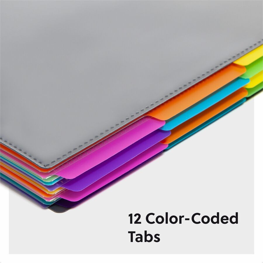 Smead 24-Pocket Poly Project Organizer, Letter Size, 1/3-Cut Assorted Tabs, 12 Dividers, Spiral Fastener, Lay Flat, Tear Proof, Water Resistant, Yellow/Pink/Lime/Blue/Purple, 1 Each