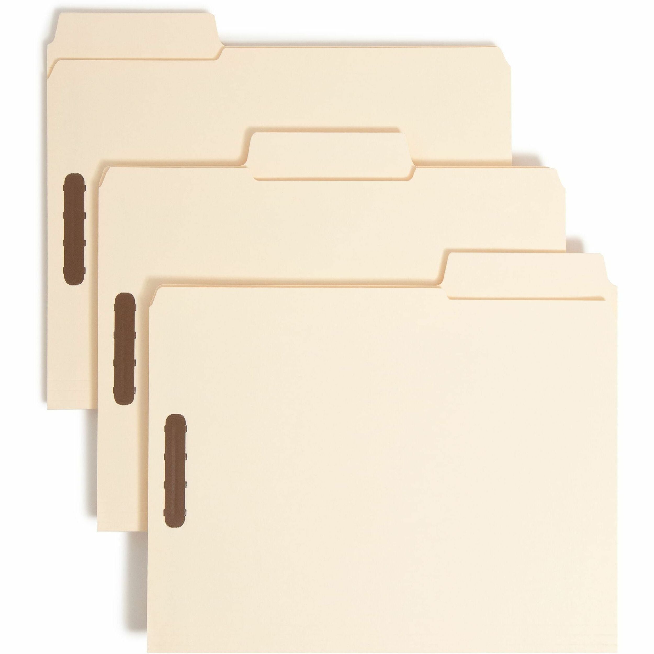 Smead SuperTab 1/3-Cut Letter Size Recycled Fastener Folders, 2 Prong K Style, 2" Capacity, Reinforced Tab, 14 pt. Manila, Assorted Tab Positions, 2 Ply, 50/Box