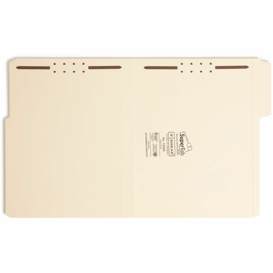 Smead SuperTab 1/3-Cut Letter Size Recycled Fastener Folders, 2 Prong K Style, 2" Capacity, Reinforced Tab, 14 pt. Manila, Assorted Tab Positions, 2 Ply, 50/Box
