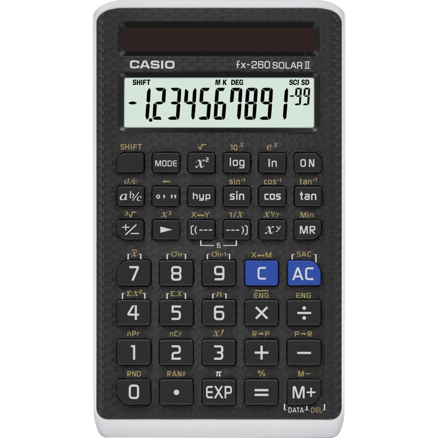 144 Functions - Easy-to-read Display - 10 Digits - Solar Powered - 5" Height x 0.6" Width x 2.9" Length - Black - 1 Each