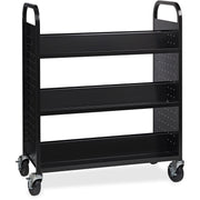 Lorell Double-sided Book Cart, 6 Shelves, Round Handle, 5" Casters, Steel, 38"W x 18"D x 46.25"H, Black, 1 Each