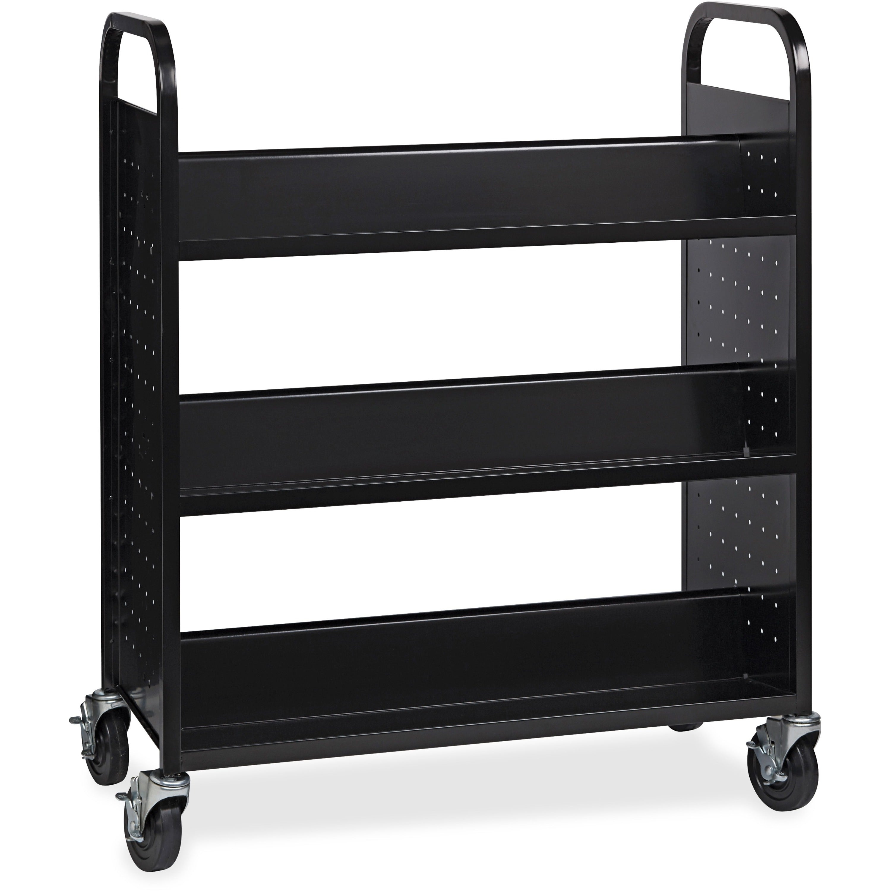 Lorell Double-sided Book Cart, 6 Shelves, Round Handle, 5" Casters, Steel, 38"W x 18"D x 46.25"H, Black, 1 Each