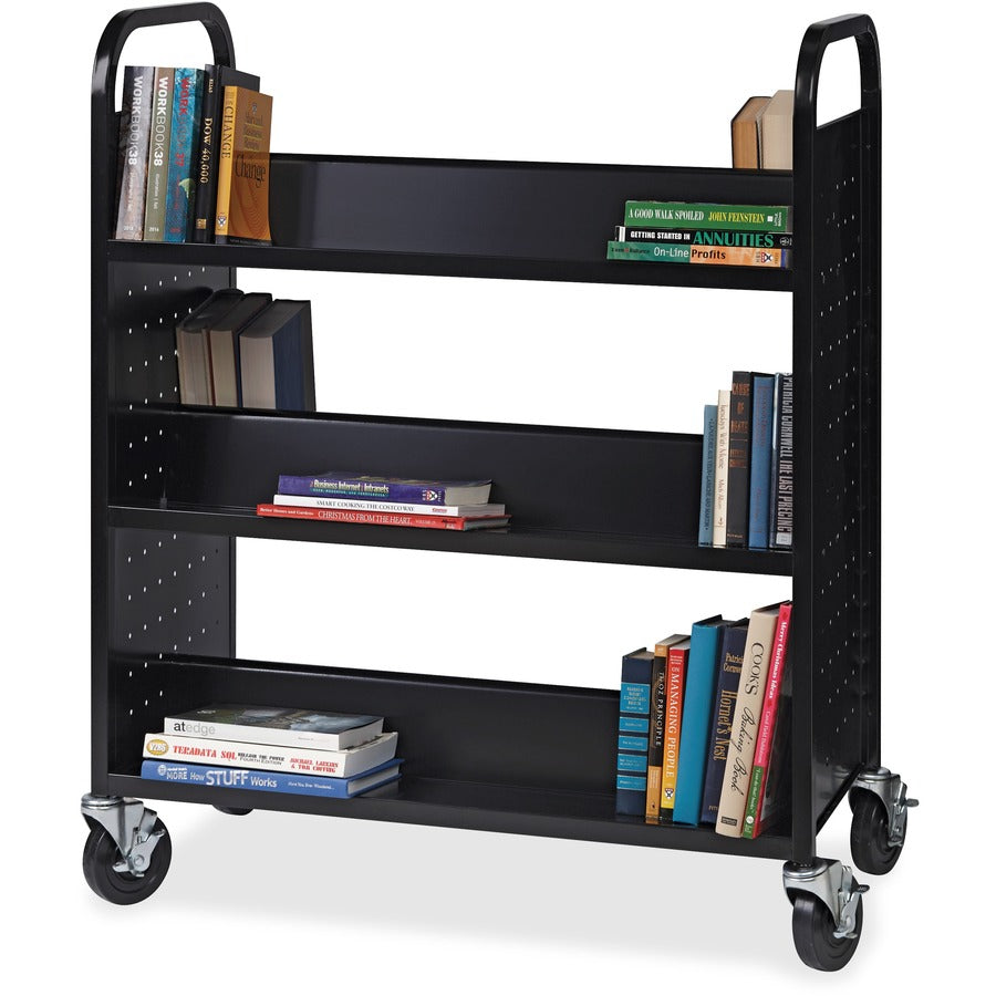 Lorell Double-sided Book Cart, 6 Shelves, Round Handle, 5" Casters, Steel, 38"W x 18"D x 46.25"H, Black, 1 Each