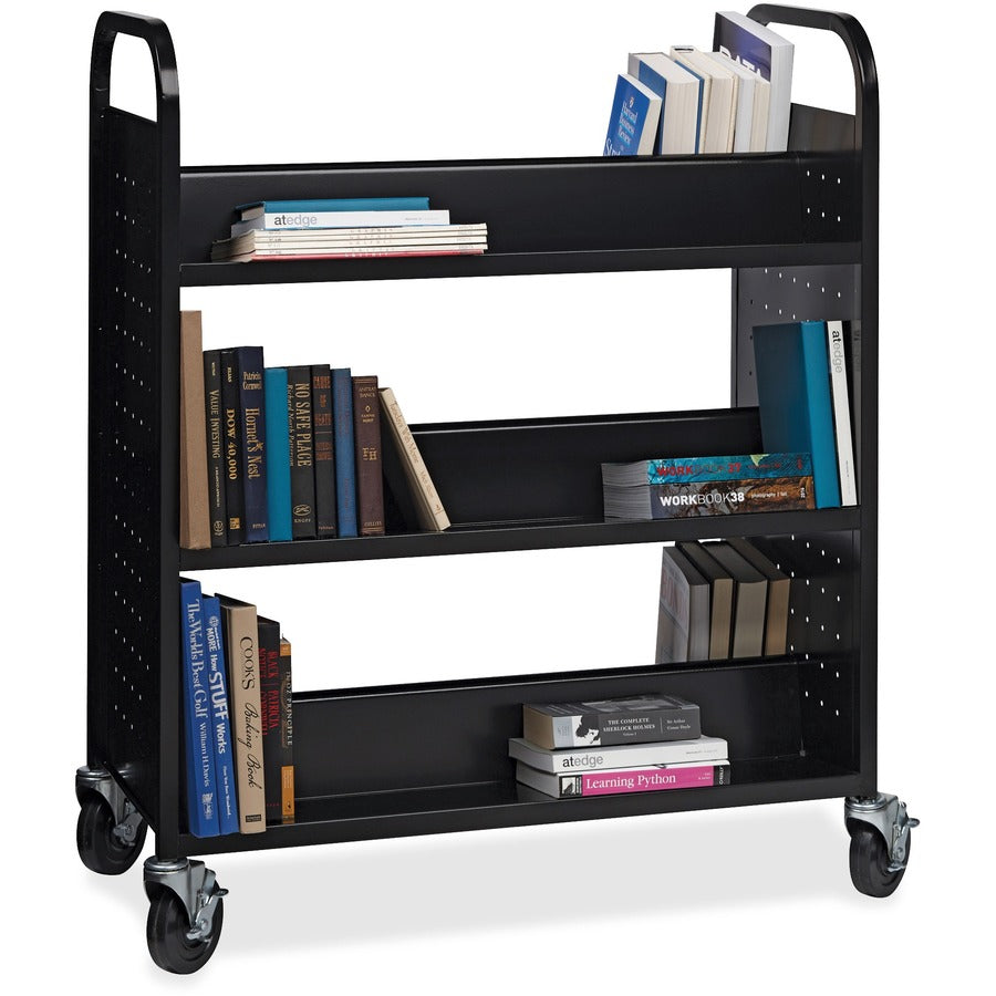 Lorell Double-sided Book Cart, 6 Shelves, Round Handle, 5" Casters, Steel, 38"W x 18"D x 46.25"H, Black, 1 Each