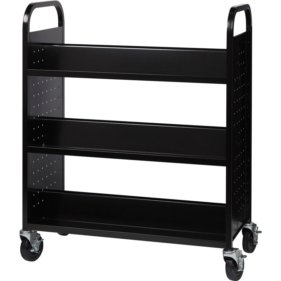 Lorell Double-sided Book Cart, 6 Shelves, Round Handle, 5" Casters, Steel, 38"W x 18"D x 46.25"H, Black, 1 Each