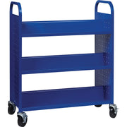 Lorell Double-sided Book Cart, 6 Shelves, Round Handle, 5" Casters, Steel, 38"W x 18"D x 46.25"H, Blue, 1 Each