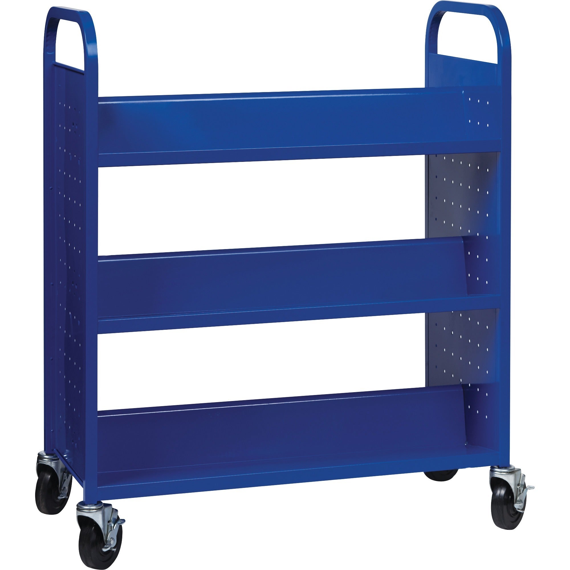 Lorell Double-sided Book Cart, 6 Shelves, Round Handle, 5" Casters, Steel, 38"W x 18"D x 46.25"H, Blue, 1 Each