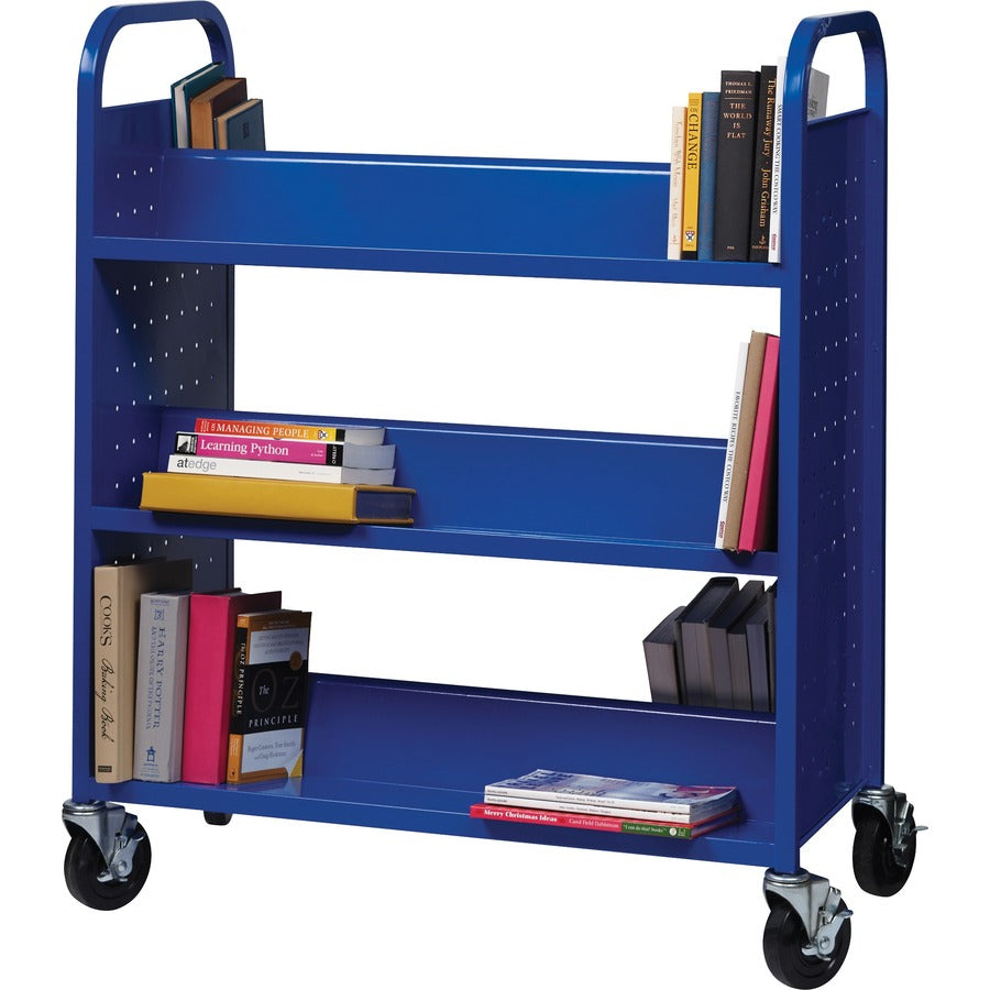 Lorell Double-sided Book Cart, 6 Shelves, Round Handle, 5" Casters, Steel, 38"W x 18"D x 46.25"H, Blue, 1 Each