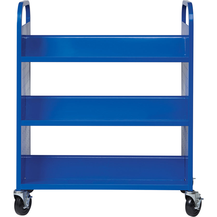 Lorell Double-sided Book Cart, 6 Shelves, Round Handle, 5" Casters, Steel, 38"W x 18"D x 46.25"H, Blue, 1 Each