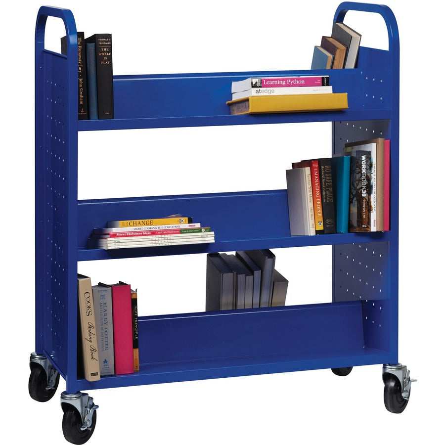 Lorell Double-sided Book Cart, 6 Shelves, Round Handle, 5" Casters, Steel, 38"W x 18"D x 46.25"H, Blue, 1 Each