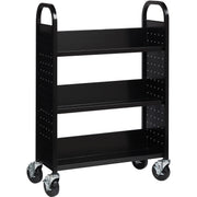 Lorell Single-sided Book Cart, 3 Shelves, Round Handle, 5" Casters, Steel, 32"W x 14"D x 46"H, Black, 1 Each