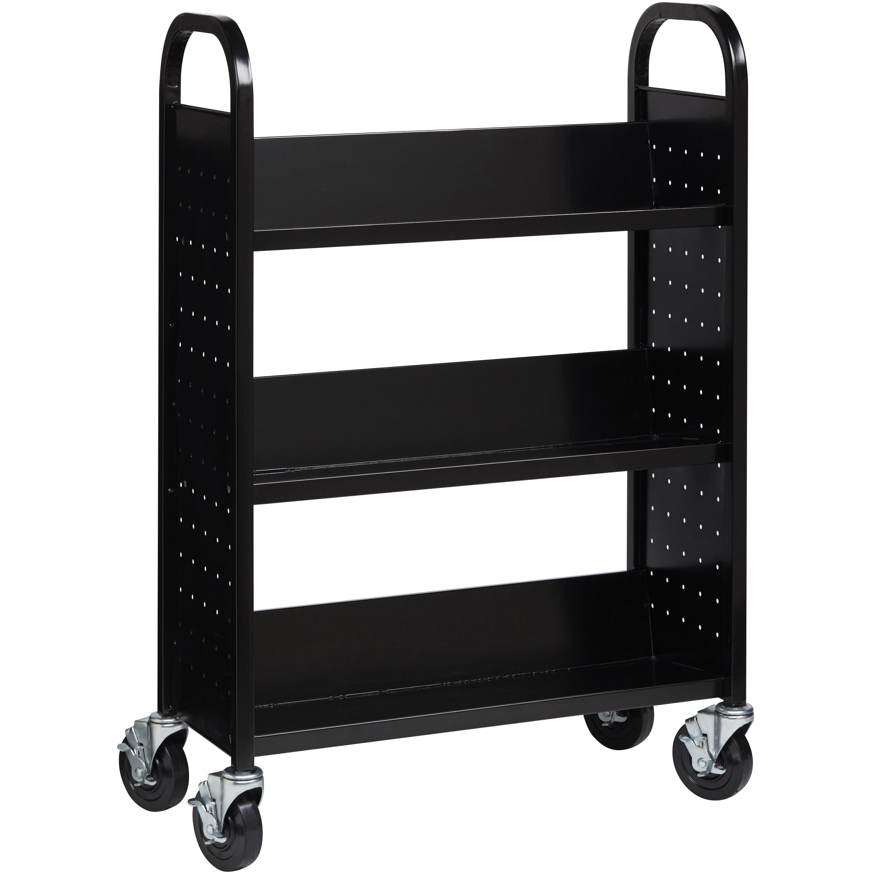 Lorell Single-sided Book Cart, 3 Shelves, Round Handle, 5" Casters, Steel, 32"W x 14"D x 46"H, Black, 1 Each