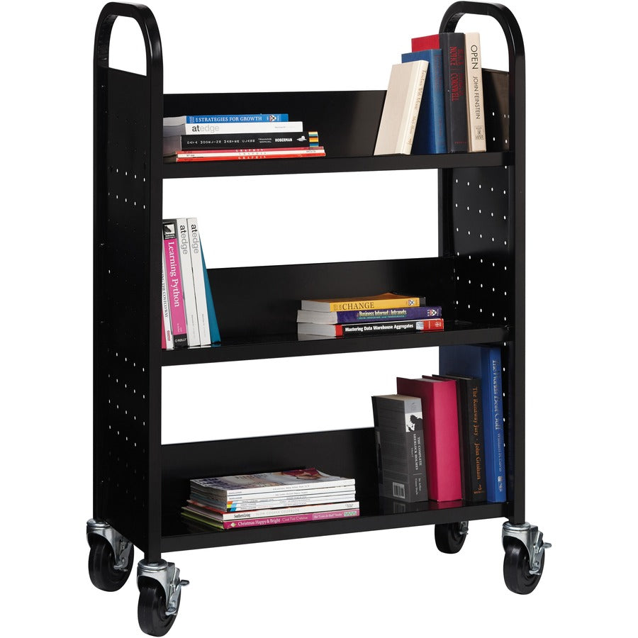 Lorell Single-sided Book Cart, 3 Shelves, Round Handle, 5" Casters, Steel, 32"W x 14"D x 46"H, Black, 1 Each