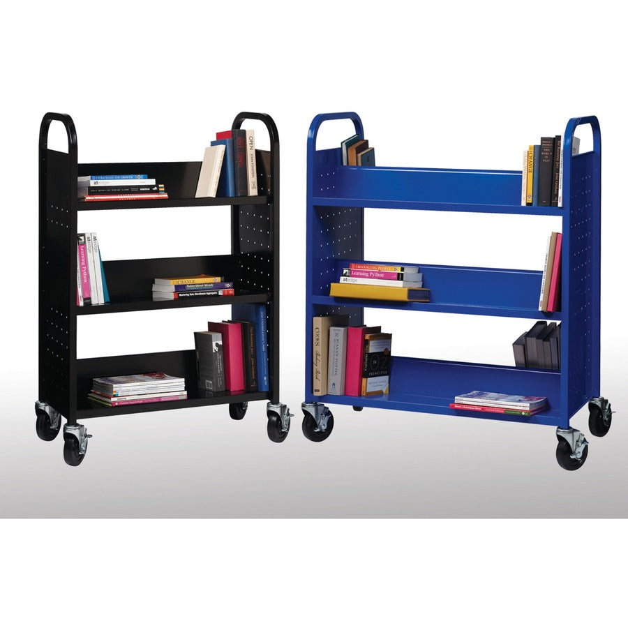 Lorell Single-sided Book Cart, 3 Shelves, Round Handle, 5" Casters, Steel, 32"W x 14"D x 46"H, Black, 1 Each