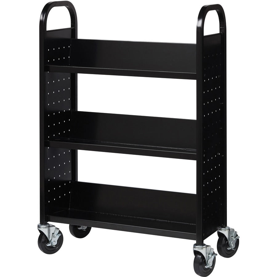 Lorell Single-sided Book Cart, 3 Shelves, Round Handle, 5" Casters, Steel, 32"W x 14"D x 46"H, Black, 1 Each