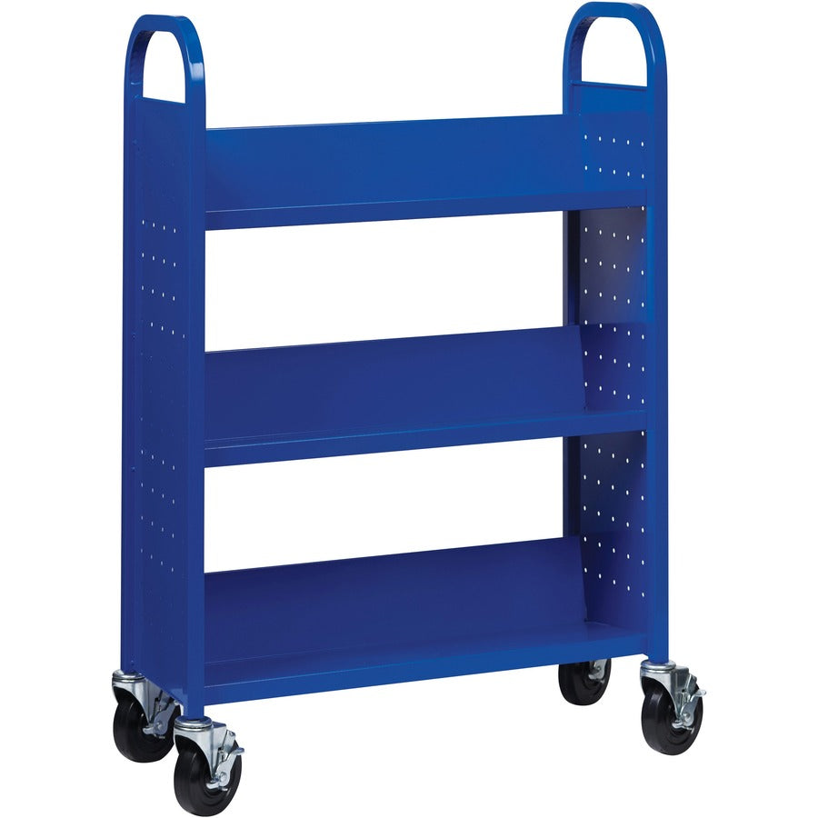 Lorell Single-sided Book Cart, 3 Shelves, Round Handle, 5" Casters, Steel, 32"W x 14"D x 46"H, Blue, 1 Each