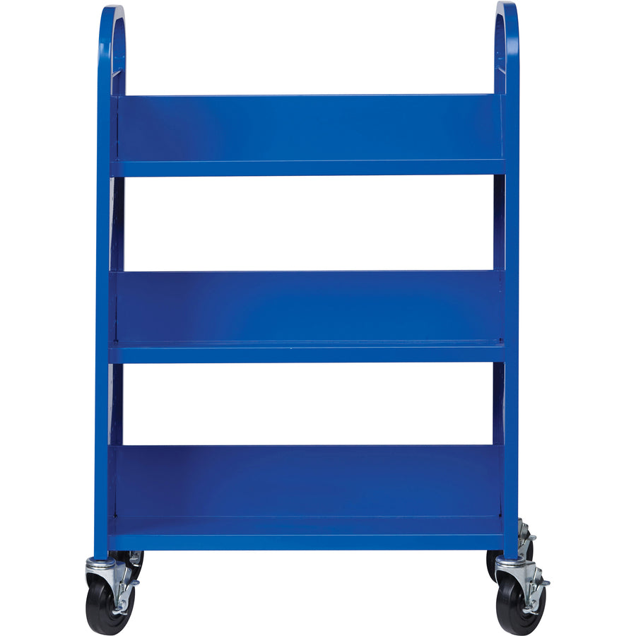Lorell Single-sided Book Cart, 3 Shelves, Round Handle, 5" Casters, Steel, 32"W x 14"D x 46"H, Blue, 1 Each