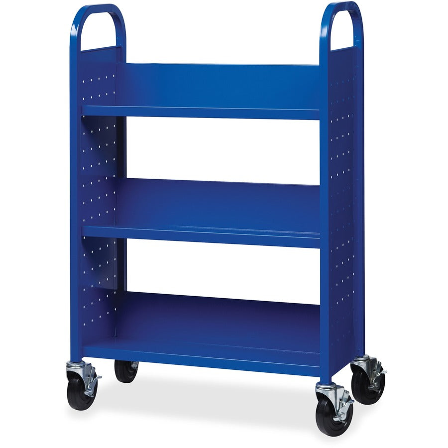 Lorell Single-sided Book Cart, 3 Shelves, Round Handle, 5" Casters, Steel, 32"W x 14"D x 46"H, Blue, 1 Each