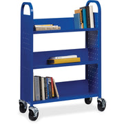 Lorell Single-sided Book Cart, 3 Shelves, Round Handle, 5" Casters, Steel, 32"W x 14"D x 46"H, Blue, 1 Each