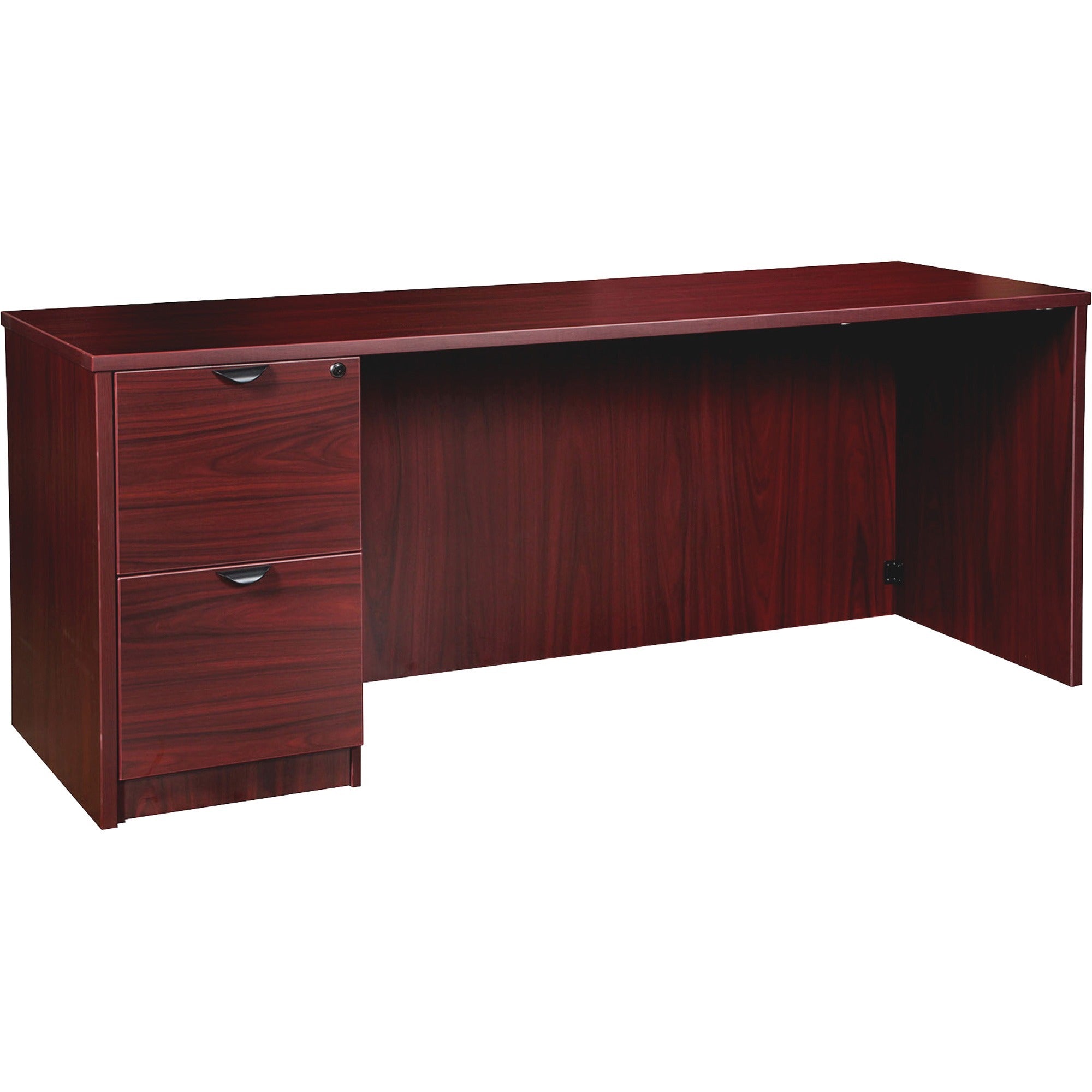 Lorell Prominence 2.0 Left-Pedestal Credenza, Mahogany Laminate, 29"H x 66"W x 24"D, 2 Drawers, Single Left Pedestal, Particleboard, Thermofused Melamine Finish, 1 Each