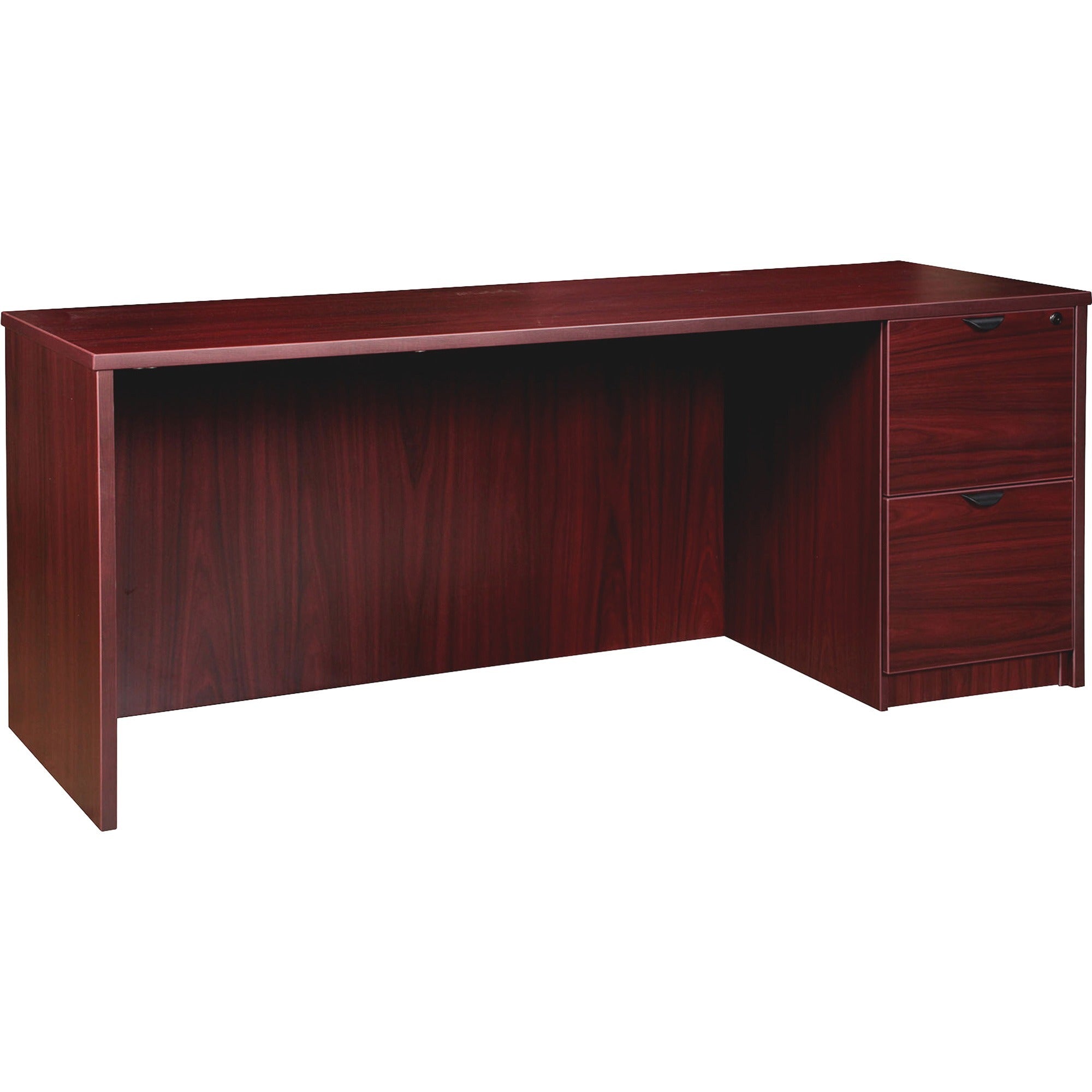 Lorell Prominence 2.0 Right-Pedestal Credenza, 29"H x 66"W x 24"D, 1" Thick Top, 2 Drawers, Mahogany Laminate, Particleboard, Thermofused Melamine Finish, Single Pedestal Right, 1 Each