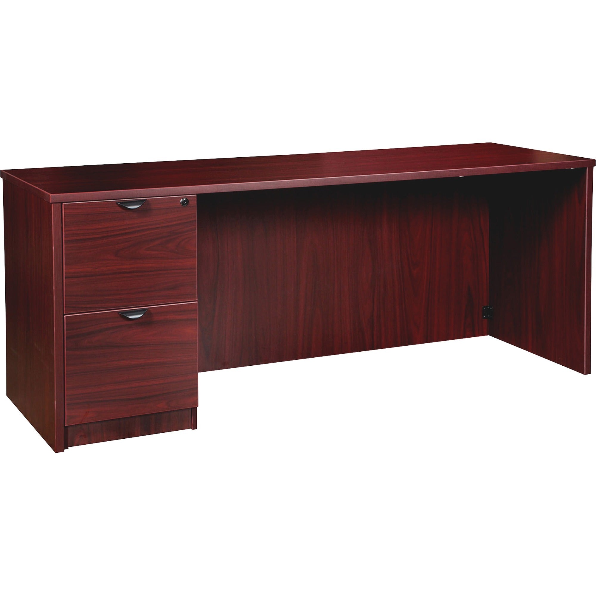 Lorell Prominence 2.0 Left-Pedestal Credenza, 29"H x 72"W x 24"D, 1" Thick Top, 2 Drawers, Single Left Pedestal, Mahogany Laminate, Particleboard, Thermofused Melamine, 1 Each