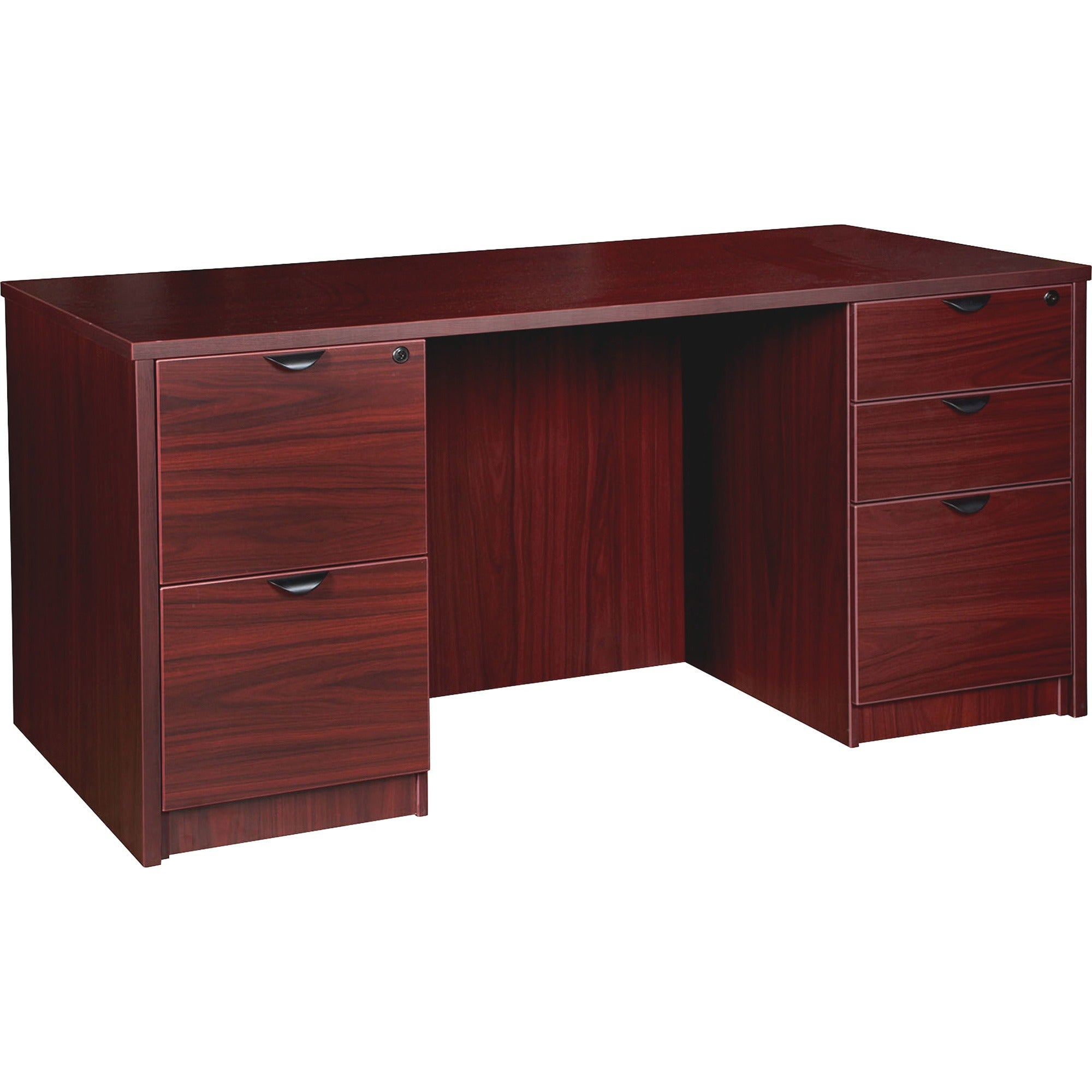 Lorell Prominence 2.0 Double-Pedestal Desk, 60"W x 30"D x 29"H, 1" Thick Top, 5 Drawers, Mahogany Laminate, Thermofused Melamine, Particleboard, 1 Each