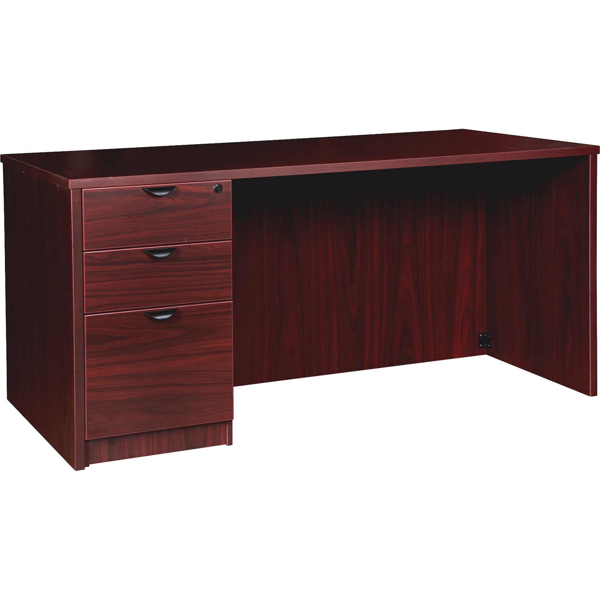 Lorell Prominence 2.0 Left-Pedestal Desk, 60"W x 30"D x 29"H, 1" Thick Top, 3 Drawers (2 Box, 1 File), Mahogany Laminate, Single Pedestal Left, 1 Each