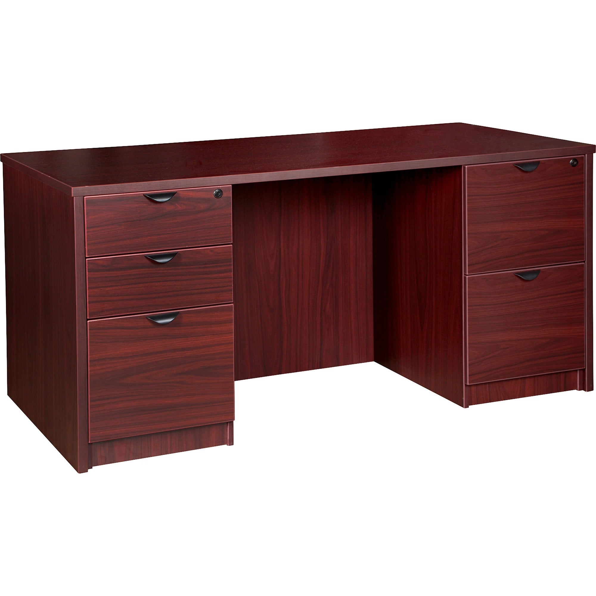Lorell Prominence 2.0 Double-Pedestal Desk, 66"W x 30"D x 29"H, 1" Thick Top, 5 Drawers, Mahogany Laminate, Thermofused Melamine, Particleboard, 1 Each