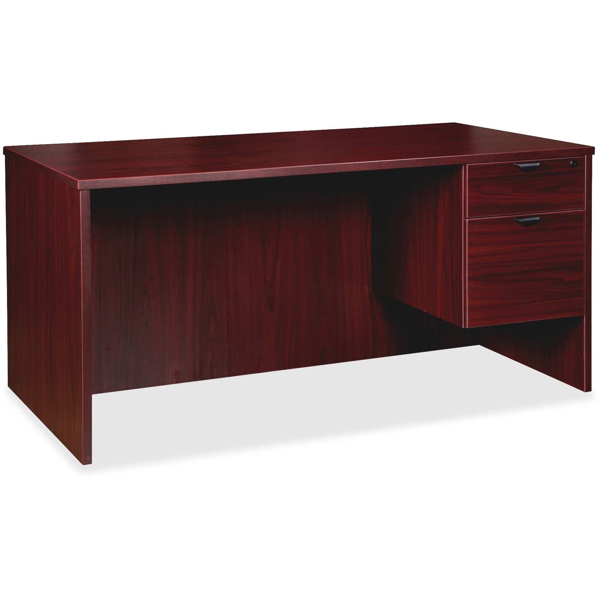 Lorell Prominence 2.0 3/4 Right-Pedestal Desk, 66"W x 30"D x 29"H, 1" Thick Top, 2 Drawers, Mahogany Laminate, Thermofused Melamine, Single Pedestal Right, 1 Each