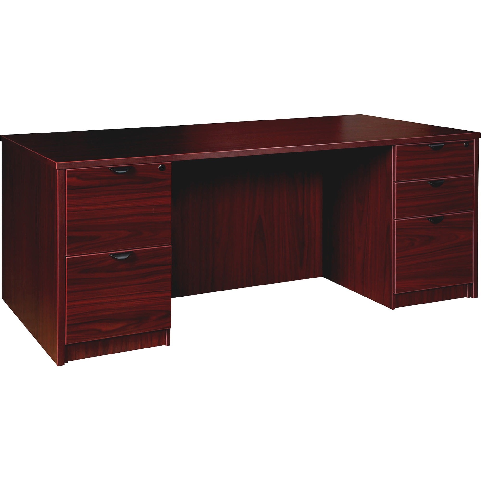 Lorell Prominence 2.0 Double-Pedestal Desk, 72"W x 36"D x 29"H, 1" Thick Top, 5 Drawers, Mahogany Laminate, Thermofused Melamine, Particleboard, 1 Each