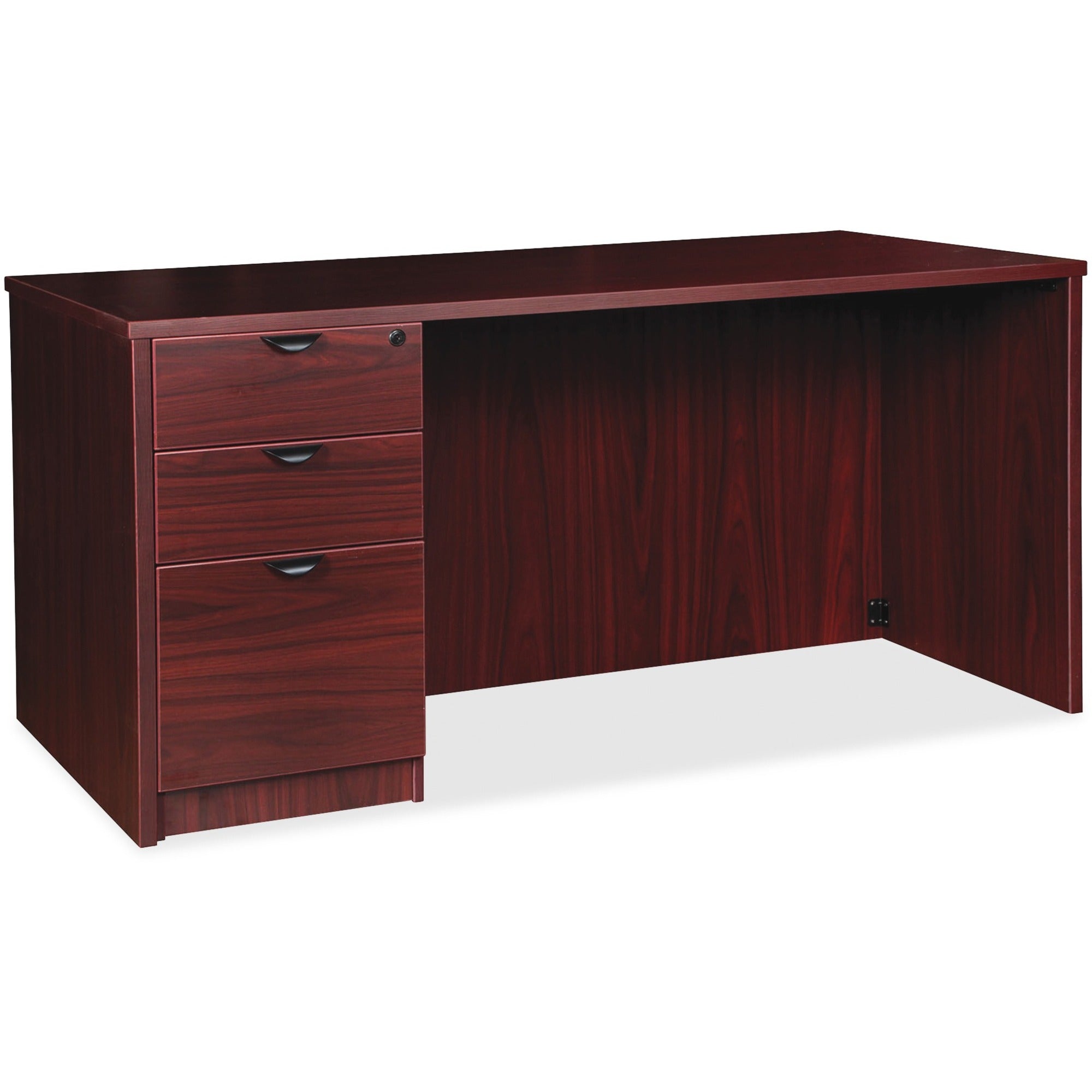 Lorell Prominence 2.0 Left-Pedestal Desk, 72"W x 36"D x 29"H, 1" Thick Top, 3 Drawers, Single Pedestal Left, Mahogany Laminate, Thermofused Melamine, 1 Each