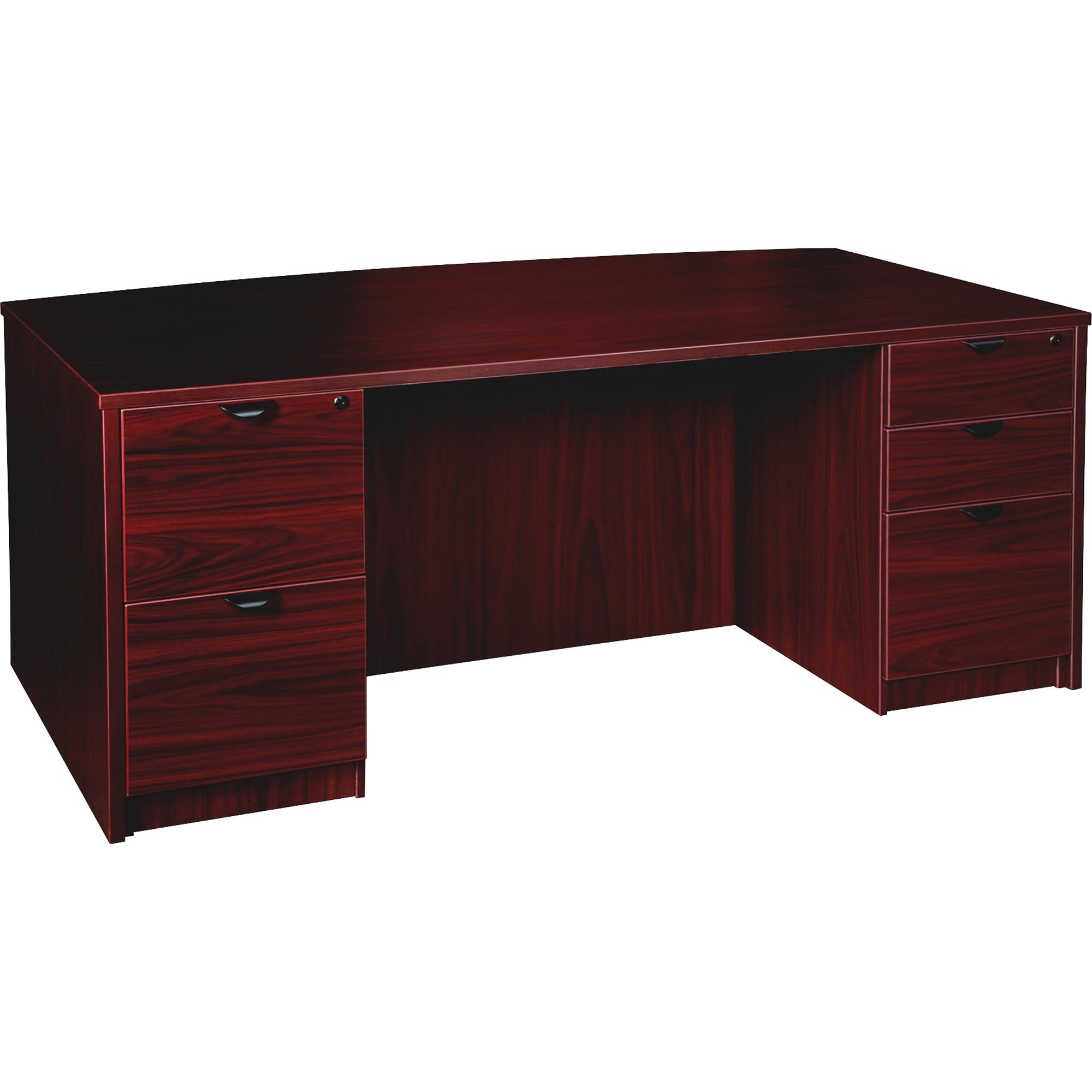 Lorell Prominence 2.0 Bowfront Double-Pedestal Desk, 72"W x 42"D x 29"H, 1" Thick Top, 5 Drawers, Mahogany Laminate, Thermofused Melamine, Particleboard, 1 Each