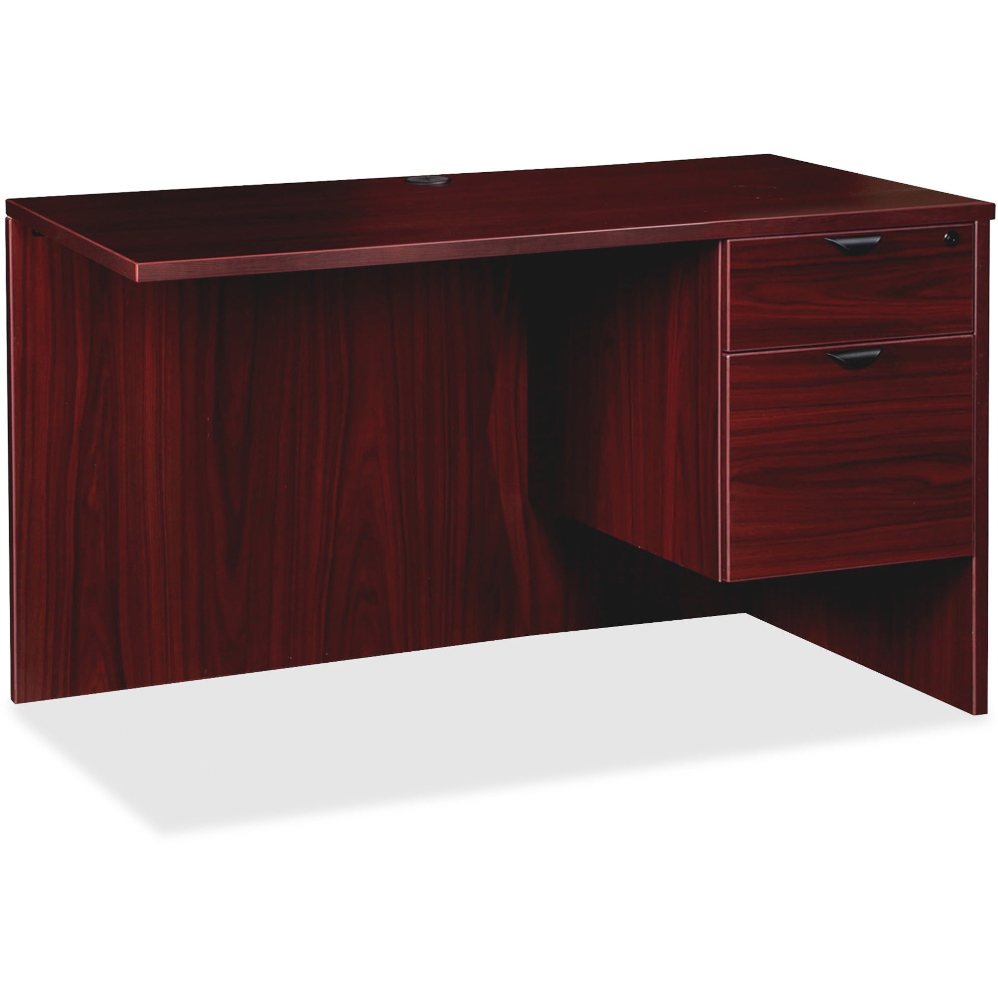 Lorell Prominence 2.0 Right Return - 29" Height x 42" Width x 24" Depth, x 1" Thickness Top - Total Drawer(s): 2 - Single Pedestal on Right Side - Band Edge - Material: Particleboard - Finish: Mahogany Laminate, Thermofused Melamine (TFM) - 1 Each