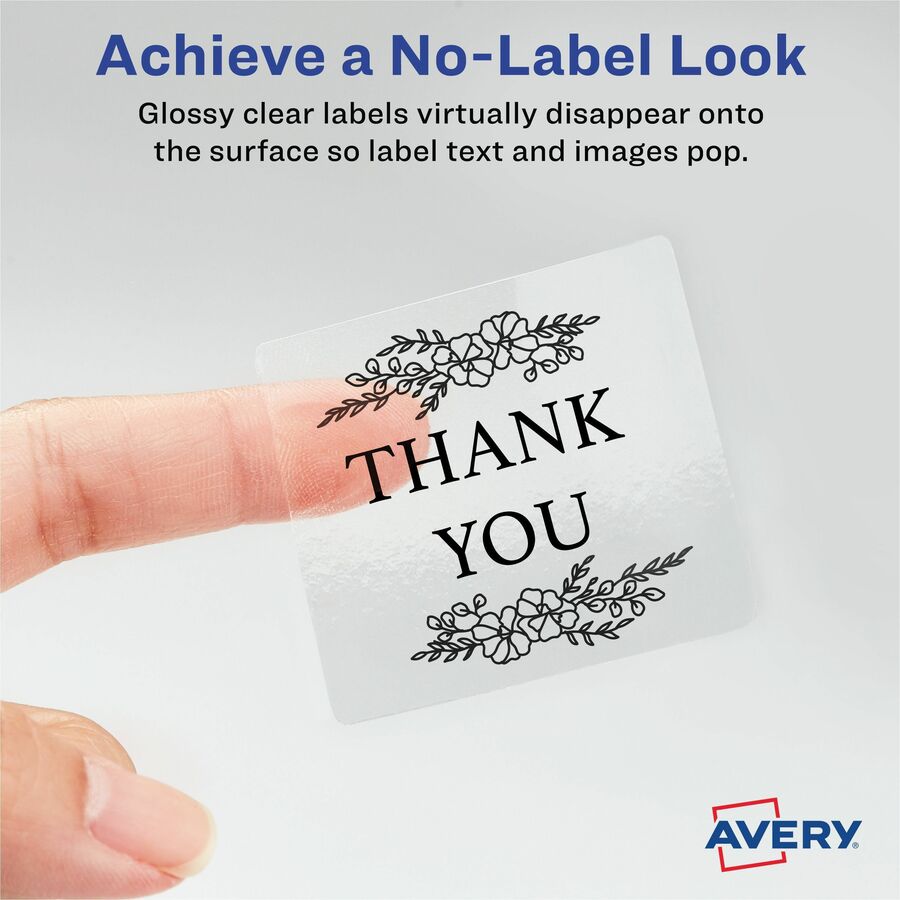 Avery&reg; Sure Feed Glossy Labels - Waterproof - 2" Width x 2" Length - Permanent Adhesive - Square - Inkjet, Laser - Glossy Crystal Clear - Crystal Clear - Film - 12 / Sheet - 12 Total Sheets - 120 Total Label(s) - 1 Pack