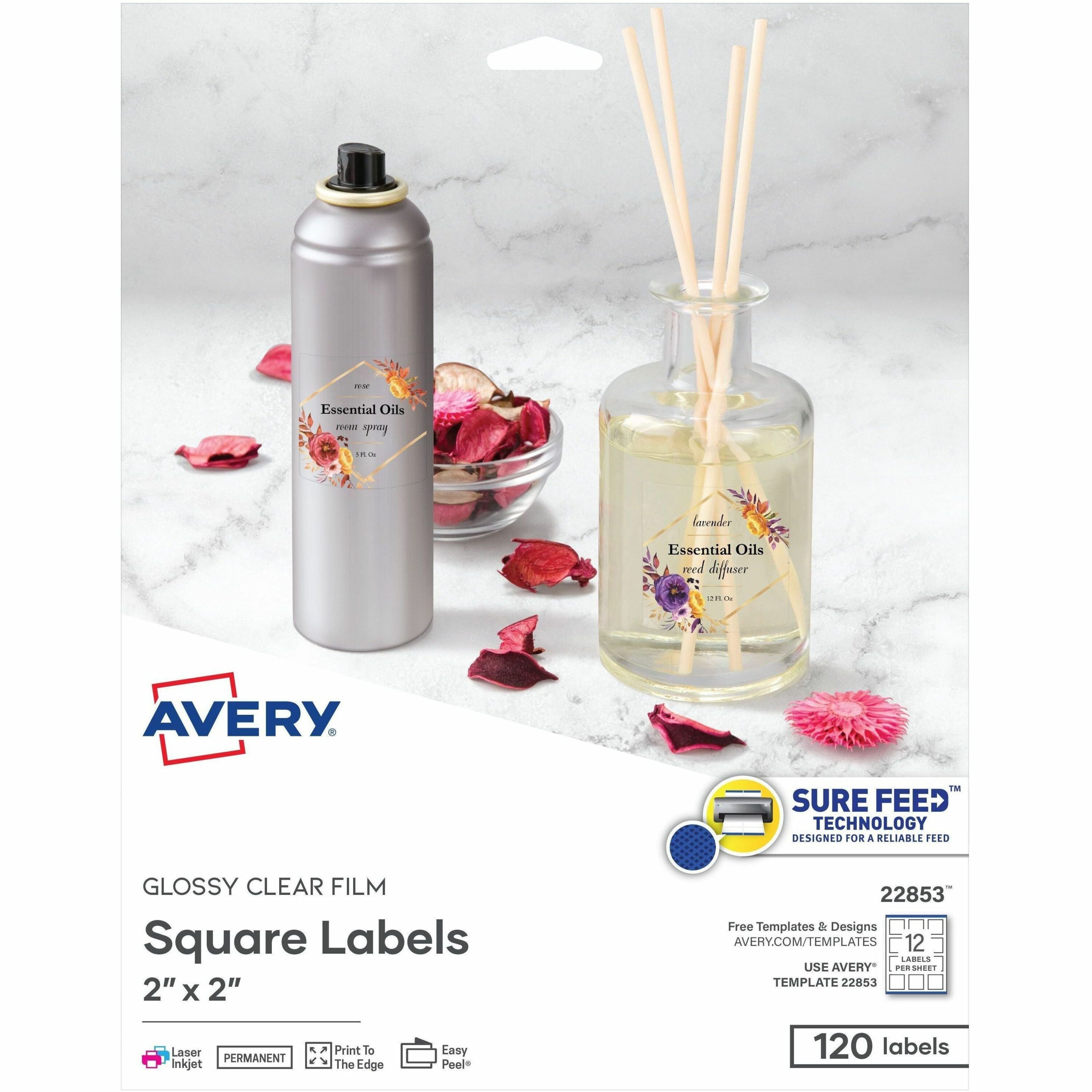 Avery&reg; Sure Feed Glossy Labels - Waterproof - 2" Width x 2" Length - Permanent Adhesive - Square - Inkjet, Laser - Glossy Crystal Clear - Crystal Clear - Film - 12 / Sheet - 12 Total Sheets - 120 Total Label(s) - 1 Pack