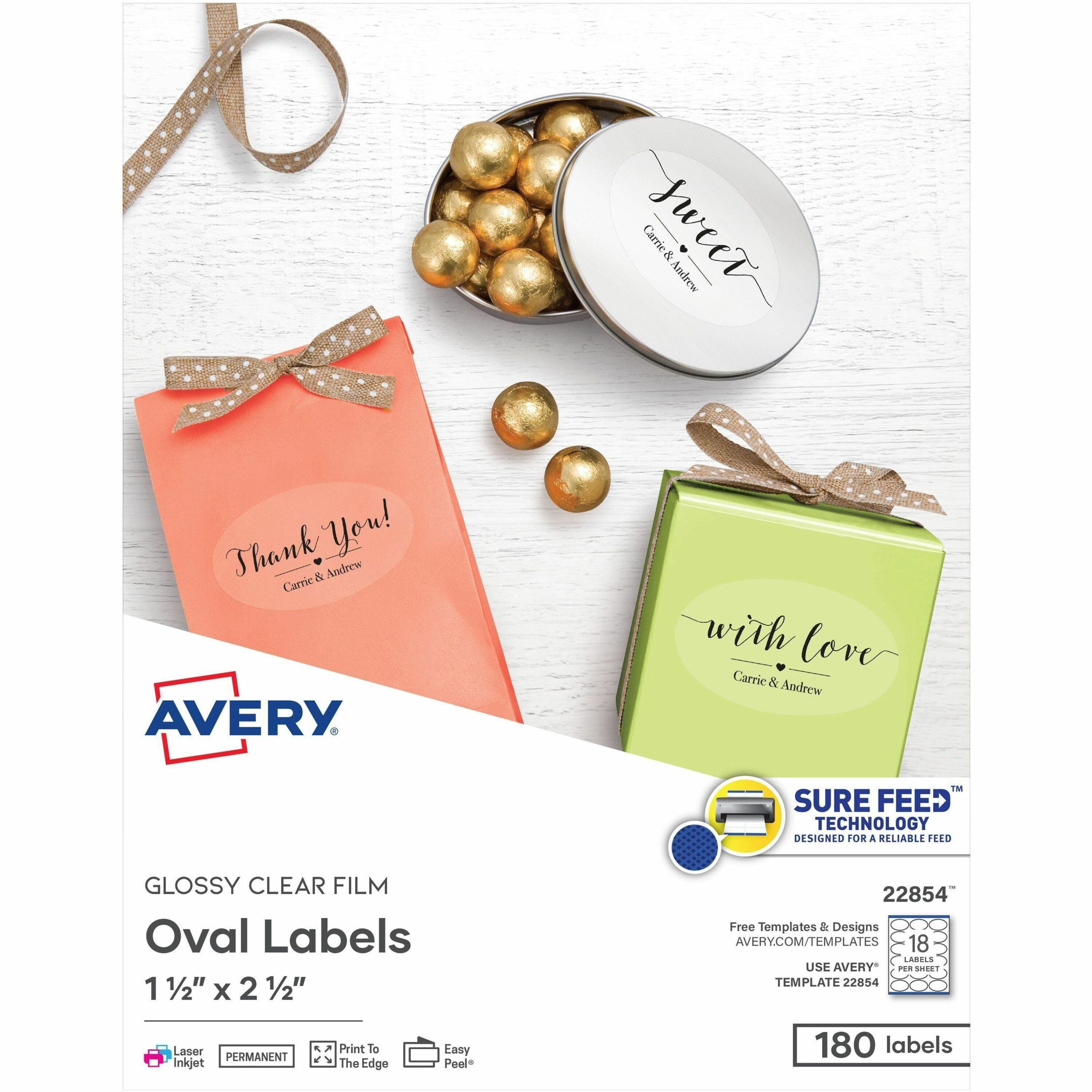 Avery&reg; Sure Feed Glossy Labels - 1 1/2" Width x 2 1/2" Length - Permanent Adhesive - Oval - Laser, Inkjet - Crystal Clear - Film - 18 / Sheet - 10 Total Sheets - 180 Total Label(s) - 1 Pack