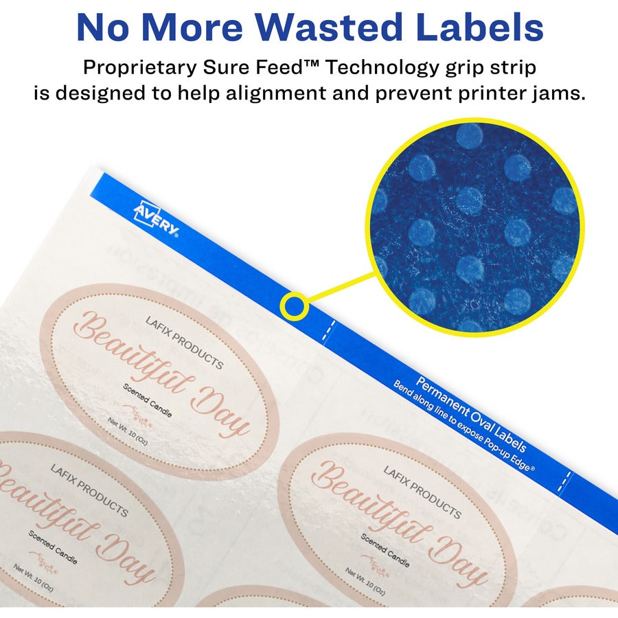 Avery&reg; Sure Feed Glossy Labels - 1 1/2" Width x 2 1/2" Length - Permanent Adhesive - Oval - Laser, Inkjet - Crystal Clear - Film - 18 / Sheet - 10 Total Sheets - 180 Total Label(s) - 1 Pack