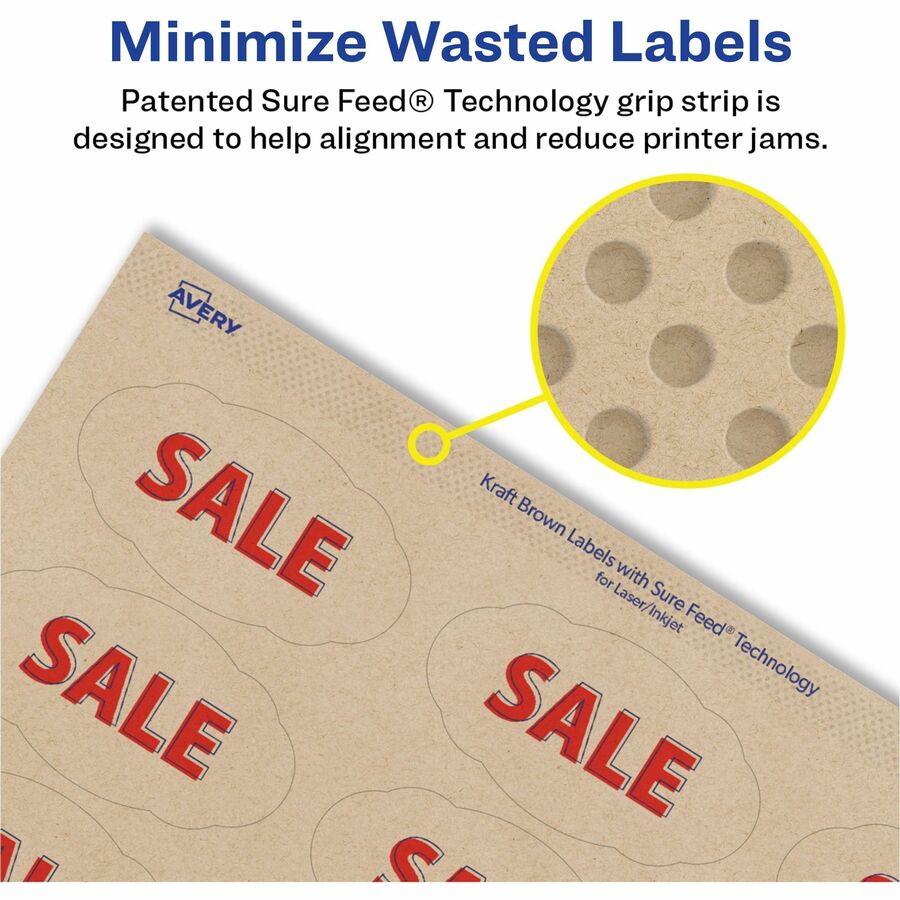 Avery Multipurpose Labels, Waterproof, Matte Kraft Brown, Oval Scallop, 1 1/8" x 2 1/4", Permanent Adhesive, 21 Labels/Sheet, 21 Sheets, 525 Labels/Pack