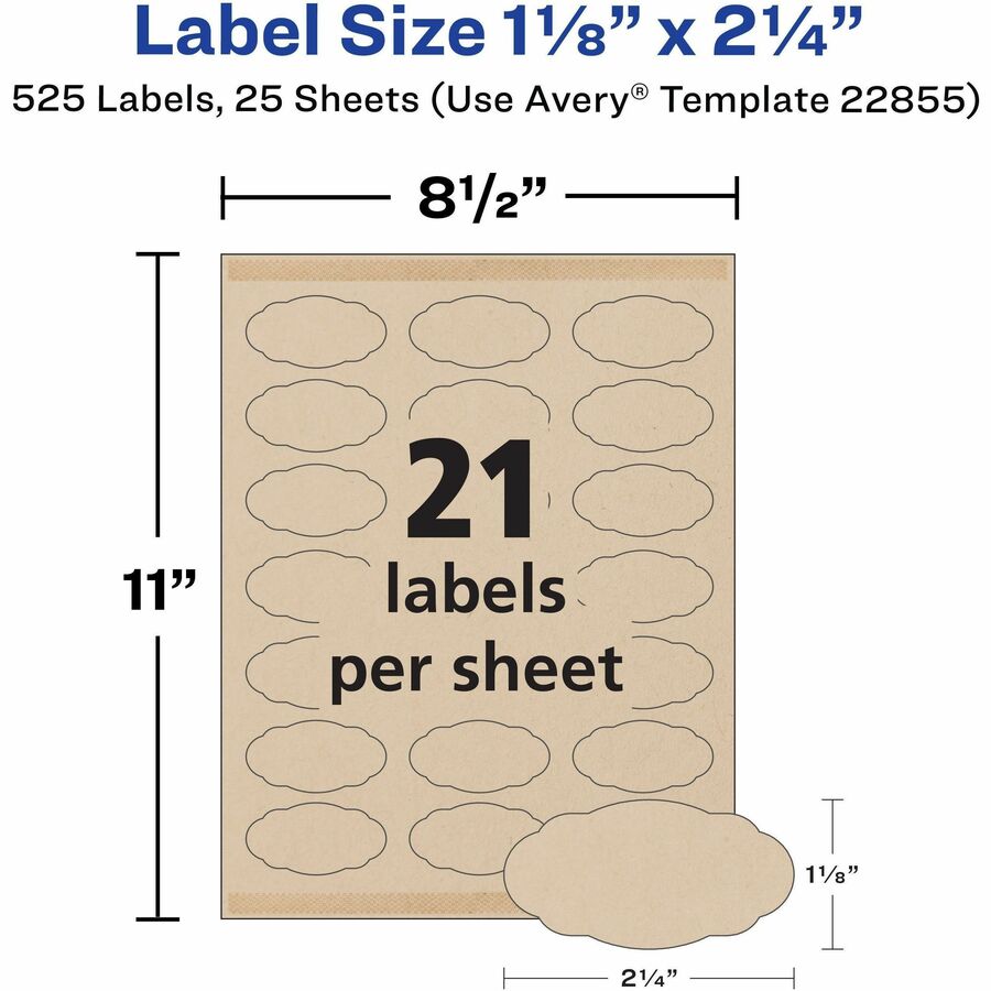Avery Multipurpose Labels, Waterproof, Matte Kraft Brown, Oval Scallop, 1 1/8" x 2 1/4", Permanent Adhesive, 21 Labels/Sheet, 21 Sheets, 525 Labels/Pack