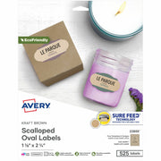 Avery Multipurpose Labels, Waterproof, Matte Kraft Brown, Oval Scallop, 1 1/8" x 2 1/4", Permanent Adhesive, 21 Labels/Sheet, 21 Sheets, 525 Labels/Pack