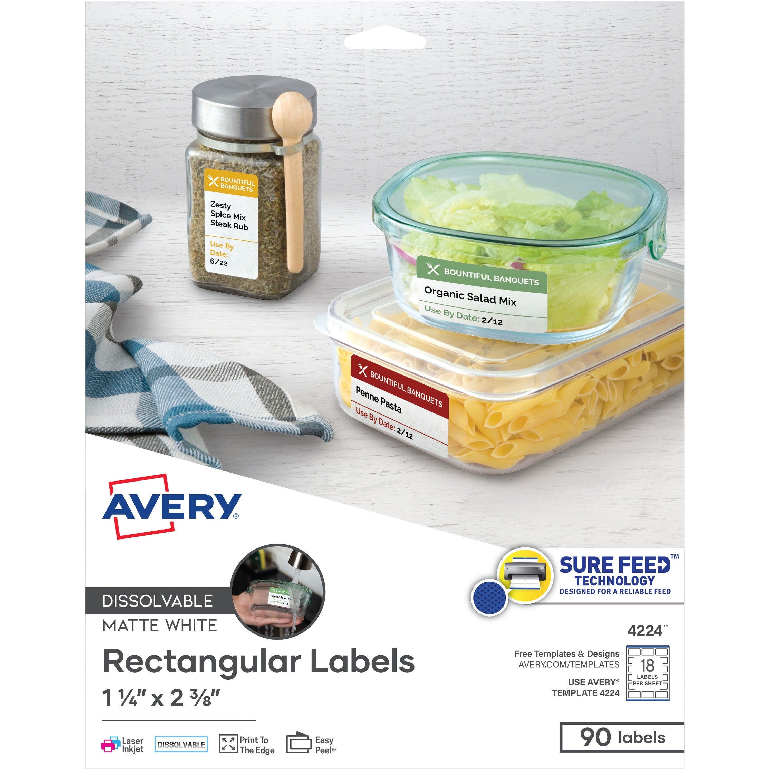 Avery&reg; Dissolvable Rectangle Labels - 1 1/4" Width x 2 3/8" Length - Rectangle - Laser, Inkjet - White - Paper - 18 / Sheet - 5 Total Sheets - 90 Total Label(s) - 1 Pack