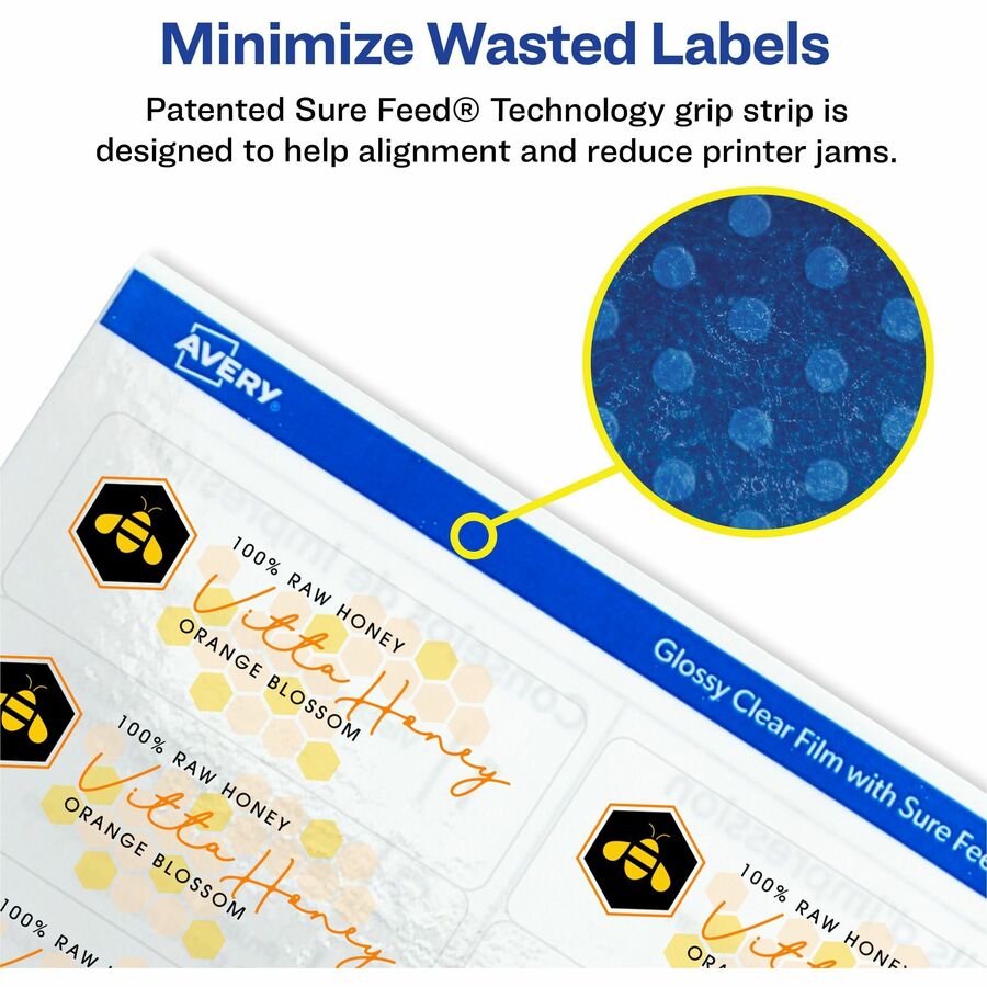 Avery Easy Peel High Gloss Clear Mailing Labels, 1" x 2 5/8", Rectangle, Permanent Adhesive, Glossy Film, Jam Resistant, Easy Peel, Pop Up Edge, 30 Labels/Sheet, 10 Sheets, 300 Labels/Pack