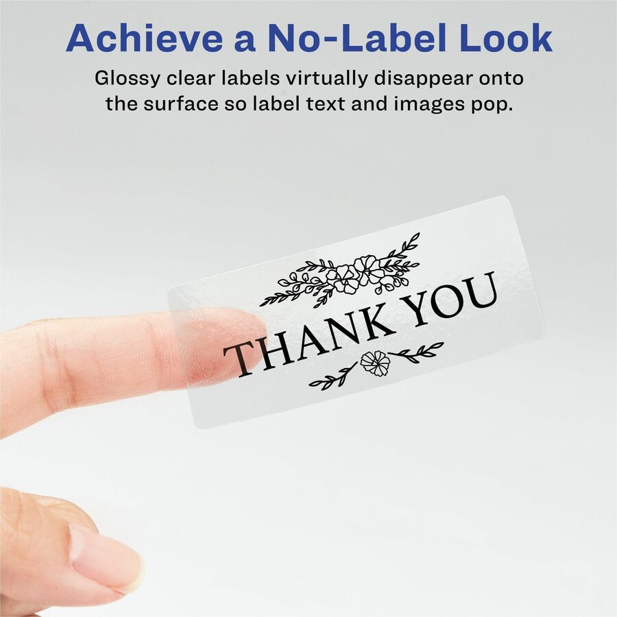 Avery Easy Peel High Gloss Clear Mailing Labels, 1" x 2 5/8", Rectangle, Permanent Adhesive, Glossy Film, Jam Resistant, Easy Peel, Pop Up Edge, 30 Labels/Sheet, 10 Sheets, 300 Labels/Pack